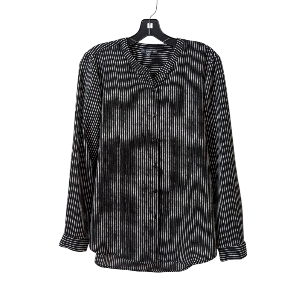 Adrianna Papell Striped Button Down Long Sleeve Shirt Blouse Black White Medium